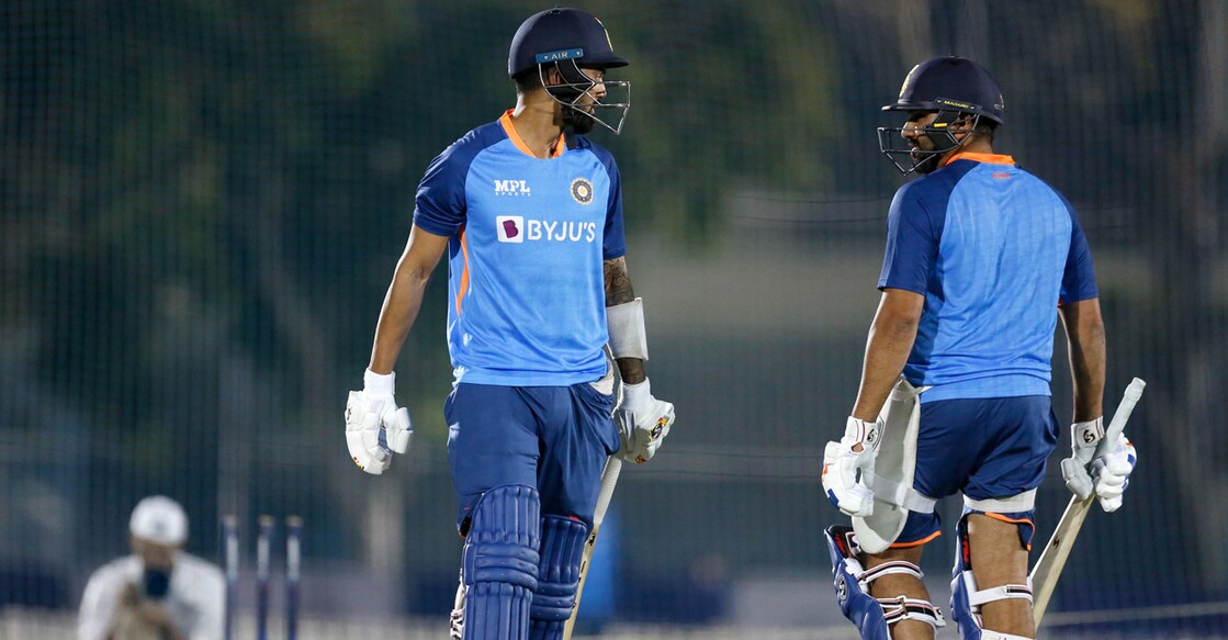 Indian openers K L Rahul and Rohit Sharma during a practice session. File photo: Twitter@BCCI