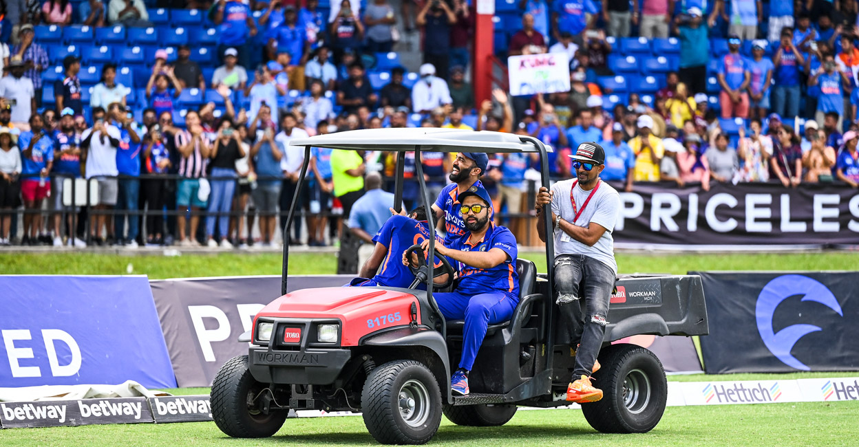 Indian captain Rohit Sharma drives a quad motor around the field after the fifth and final T20I in Lauderhill, Florida, on Sunday. File photo: AFP/Chandan Khanna