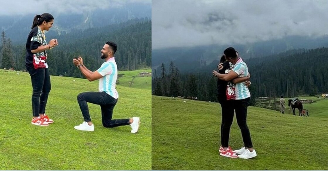 The photo of Arjun kneeling before Veda and proposing to her has gone viral. Photos: IANS