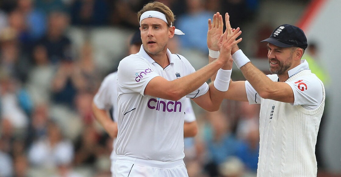 Stuart Broad celebrates with England's James Anderson after taking a wicket in the second Test against South Africa. File photo: AFP/.Lindsey Parnaby