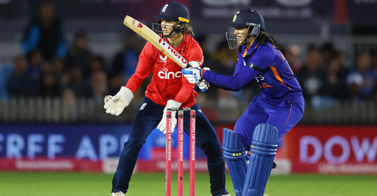 Smriti Mandhana Smriti Mandhana plays a shot. Photo: Twitter@BCCIWomen