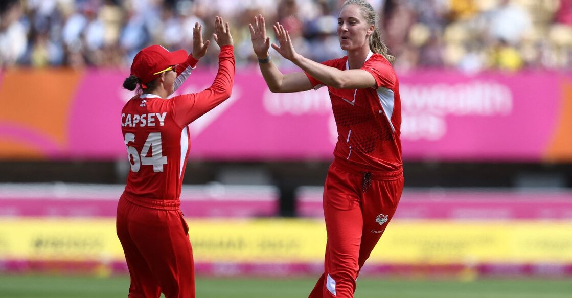 England's Freya Kemp celebrates with Alice Capsey after taking the wicket of India's Shafali Varma in the women's T20 cricket semi-final match between India and England. Photo: AFP. 