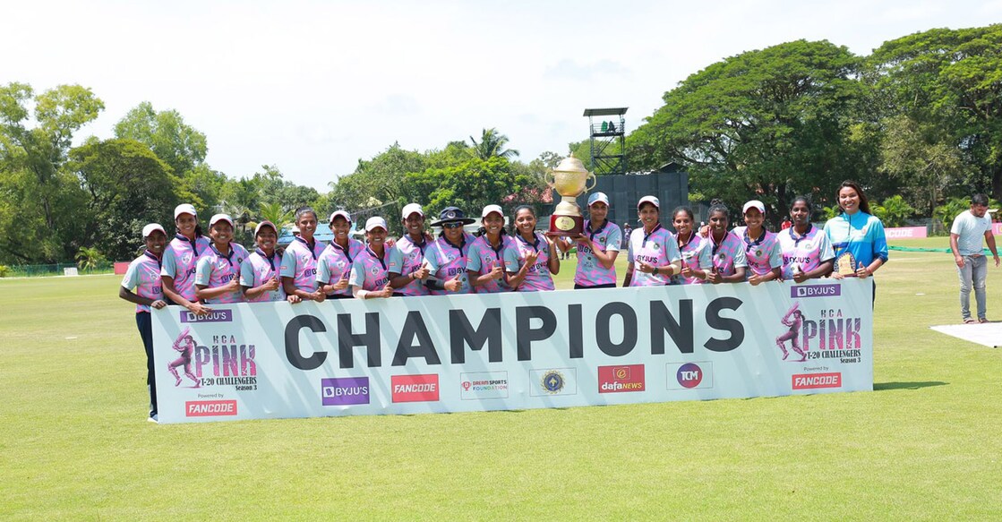 The victorious Pearl players pose with the trophy. Photo: By Special Arrangement