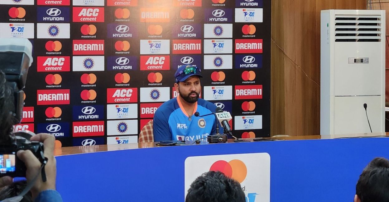 Rohit Sharma speaking at a press conference ahead of the India-Australia series. Photo: Twitter/@BCCI