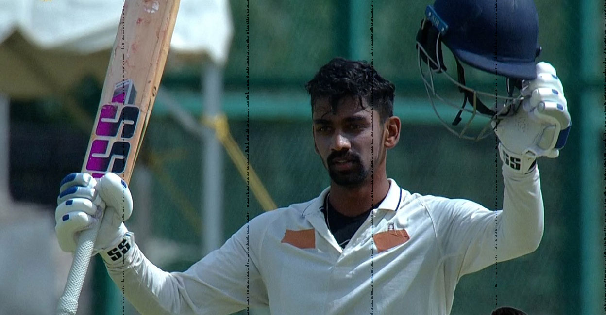 Baba Indrajith celebrates his century on the second day of the Duleep Trophy final. Photo: Twitter/ @BCCIdomestic