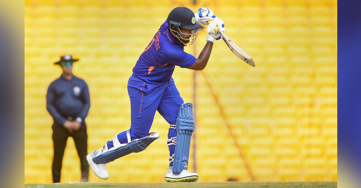 India A skipper Sanju Samson plays a shot during the 1st unofficial ODI against New Zealand A at MA Chidambaram Stadium in Chennai on Thursday. Photo: PTI 