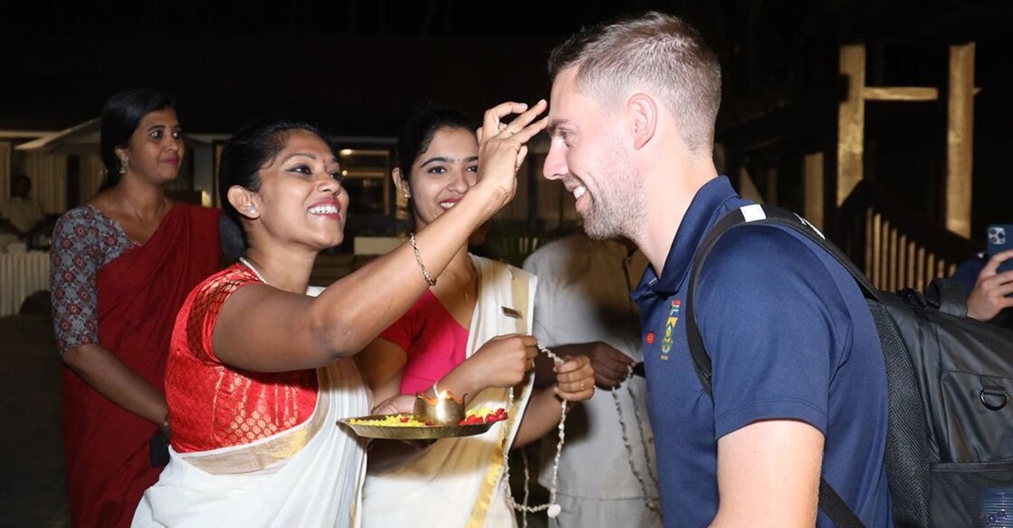 South Africa's Anrich Nortje is received at Thiruvananthapuram as he arrives with his South Africa teammates for a tour of India. Photo: Special arrangement 