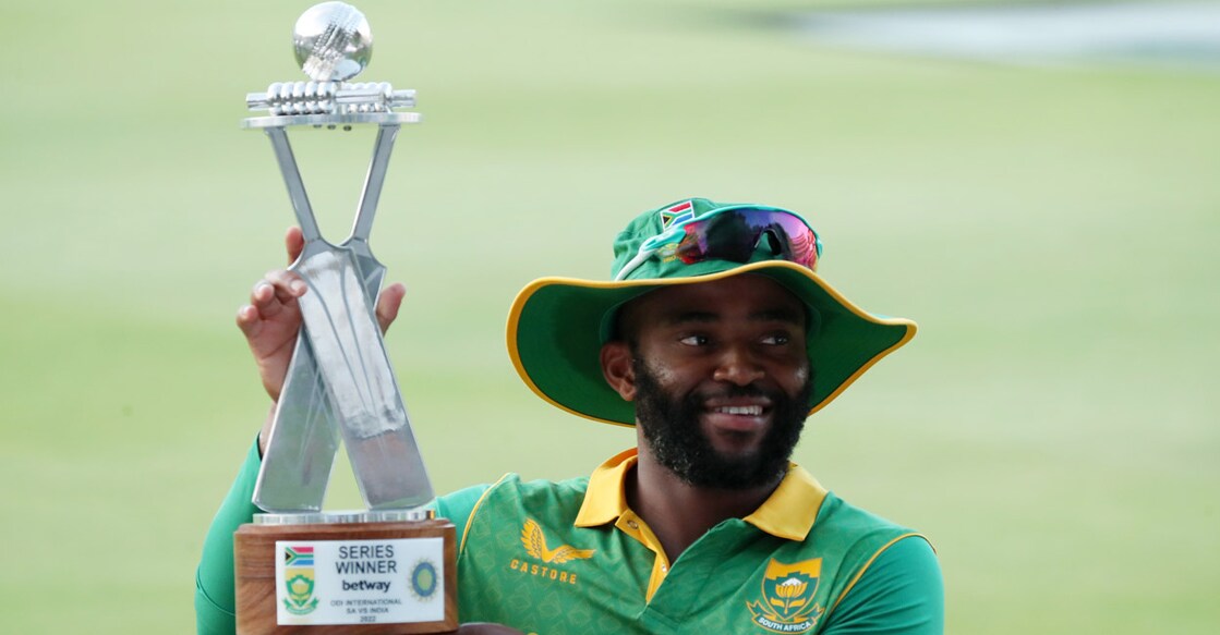 South African captain Temba Bavuma poses with the winners trophy after beating India 3-0 in the ODI series earlier in the year. File photo: Reuters/Sumaya Hisham