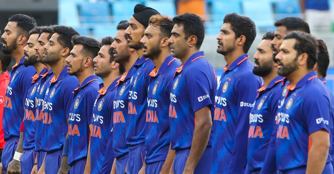 The Indian players line up for the national anthem ahead of the Asia Cup match against Afghanistan. Photo: AFP/Surjeet Yadav