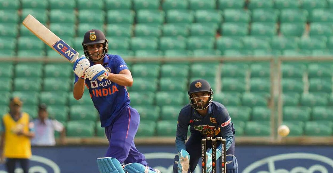 India's Shubman Gill plays a shot against Sri Lanka with empty seats behind him during the third ODI at Greenfield International Stadium, in Thiruvananthapuram on January 15, 2023. Photo: PTI