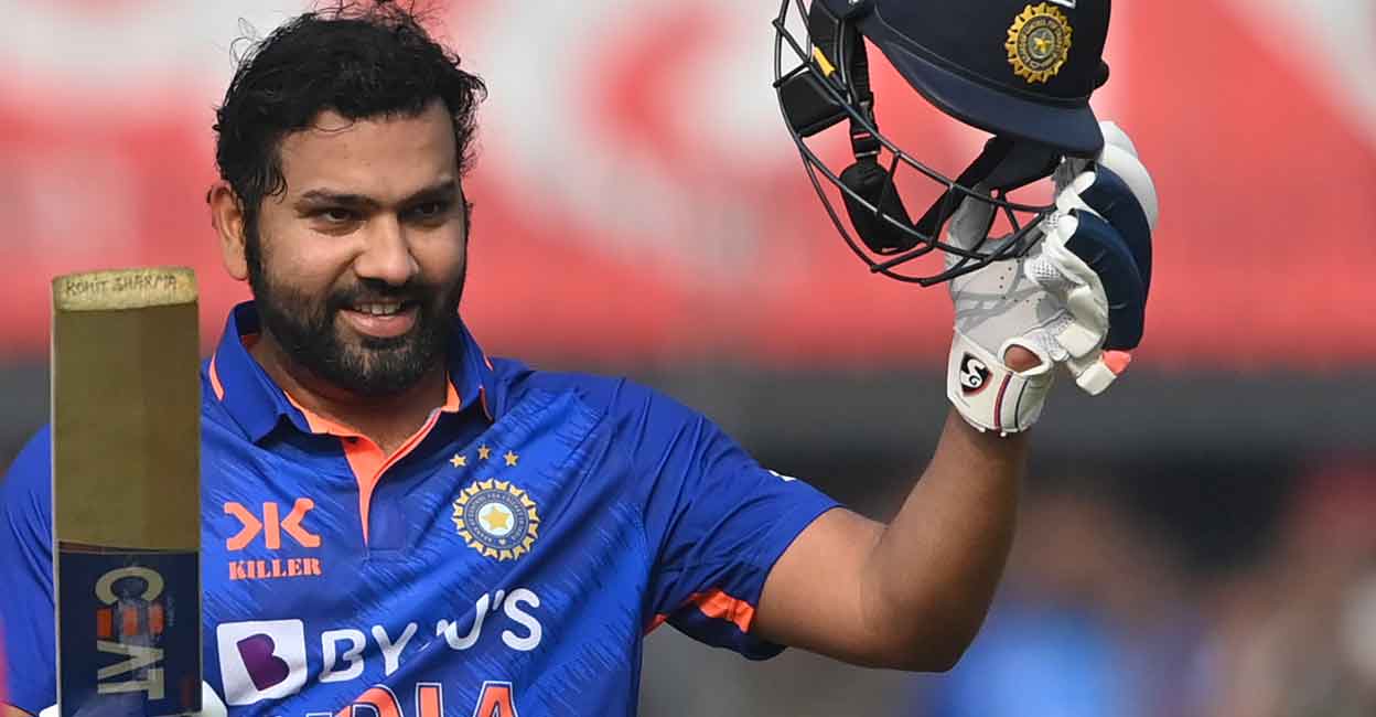 Rohit Sharma celebrates his hundred against New Zealand. File photo: AFP/ Punit Paranjpe