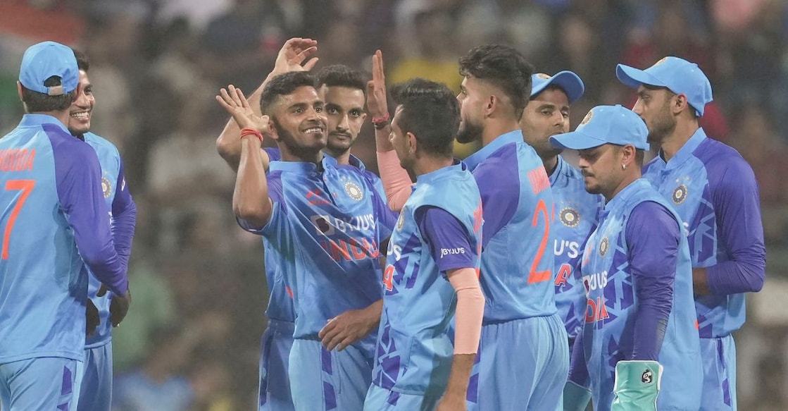 Indian player Shivam Mavi celebrates with teammates the wicket of Sri Lankan player Pathum Nissanka during the T20 cricket match between India and Sri Lanka at Wankhede Stadium, in Mumbai, Tuesday, January 3, 2023. Photo: PTI