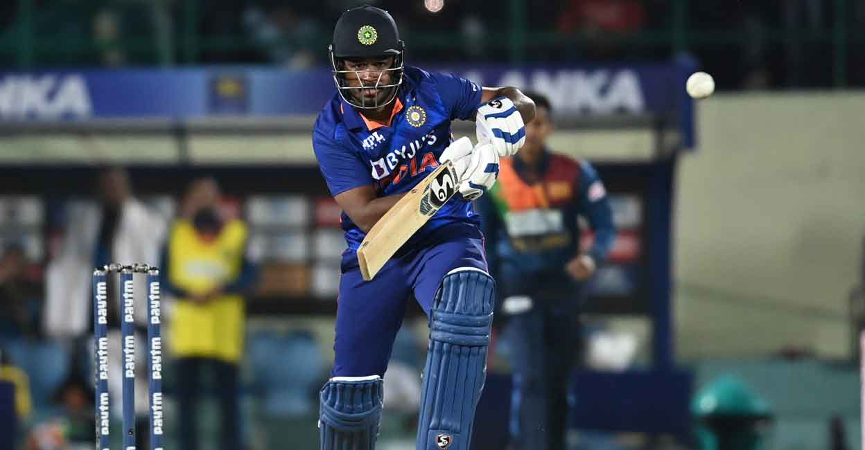 Sanju Samson fell for five in the first T20I. File photo: AFP/Sajjad Hussain