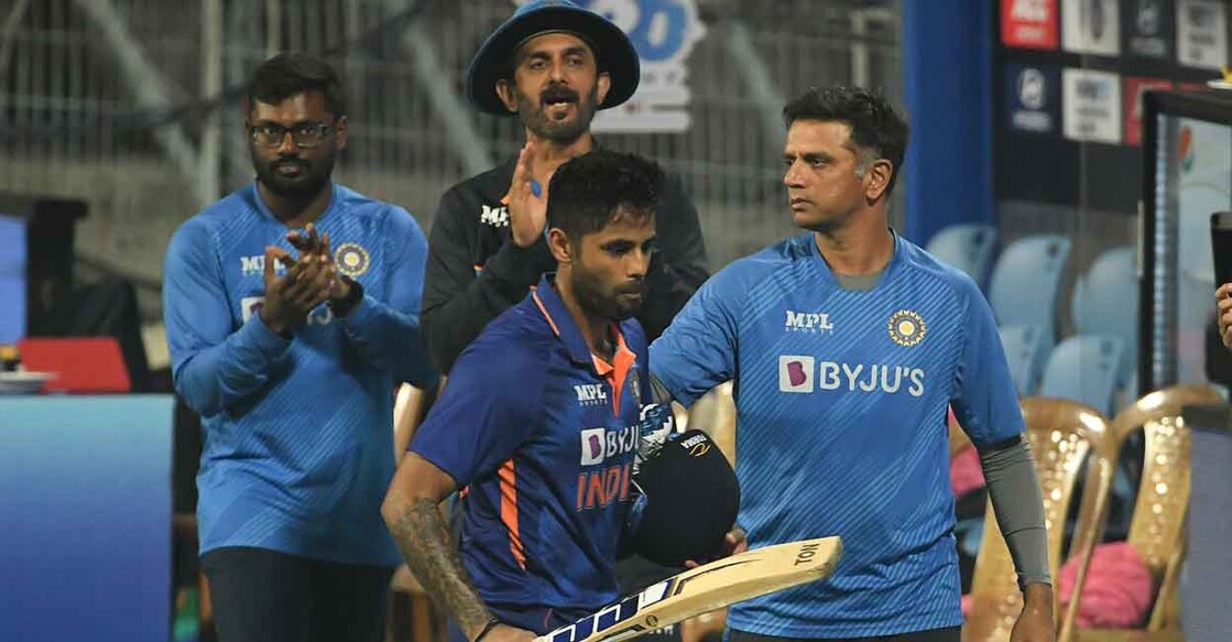 Rahul Dravid, left, was all praise for Suryakumar Yadav's match-winning knock. File photo: AFP/ Dibyangshu Sarkar