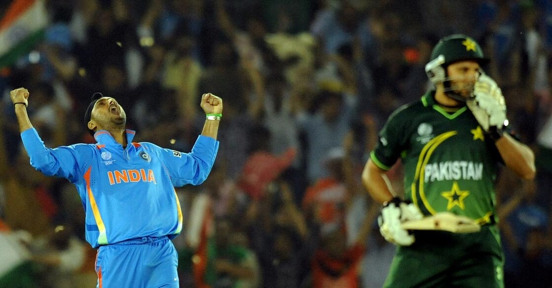 Harbhajan Singh is pumped up after dismissing Shahid Afridi in the semifinals of the 2011 World Cup. File photo: AFP/Indranil Mukherjee