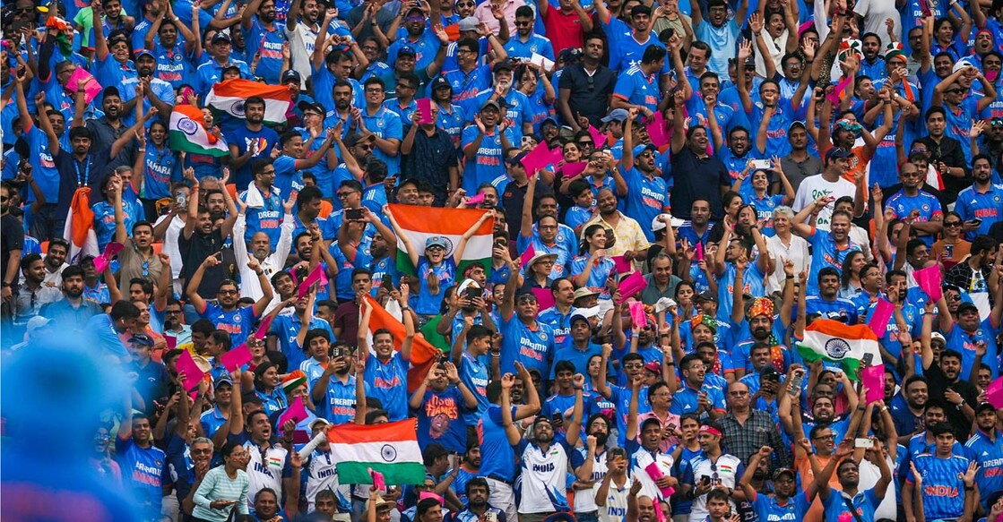 It was a sea of blue at the Narendra Modi Stadium in Ahmedabad on Saturday. Photo: PTI/Manvender Vashist Lav