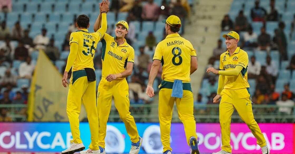 Australia's players celebrate the wicket of Sri Lanka's batter Dunith Wellalage during the ICC Men's Cricket World Cup match at Bharat Ratna Shri Atal Bihari Vajpayee Ekana Cricket Stadium in Lucknow on Monday. Photo: PTI