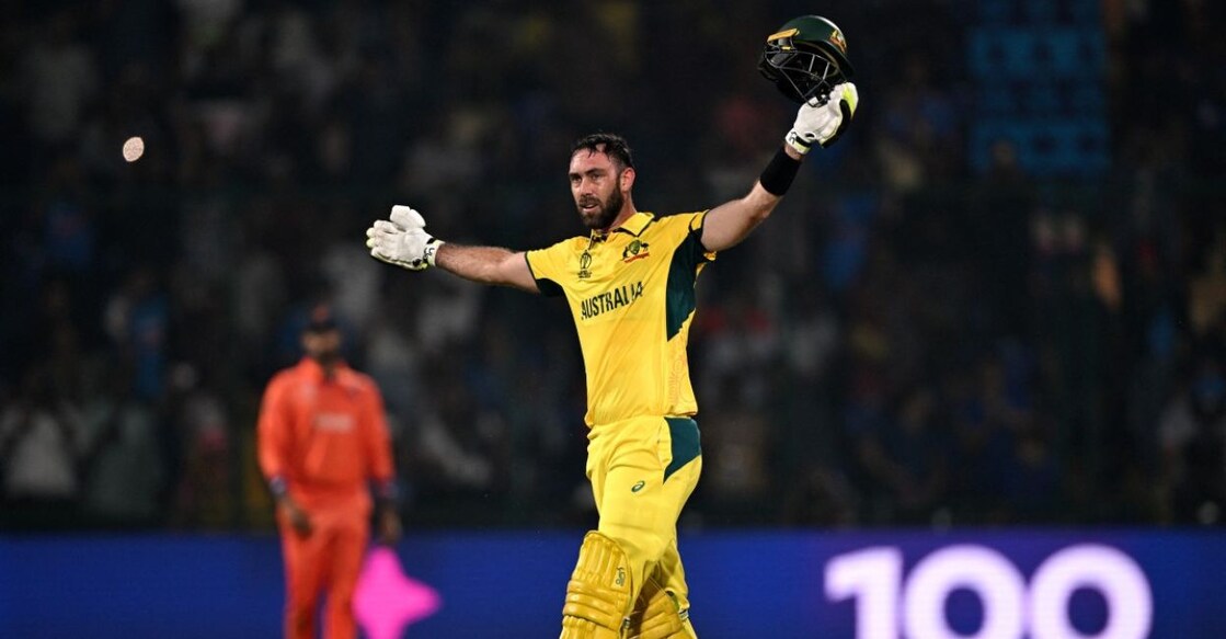 Australia's Glenn Maxwell celebrates after scoring a century in the match against Netherlands at the Arun Jaitley Stadium in New Delhi on October 25, 2023. Photo: by Arun Sankar/AFP