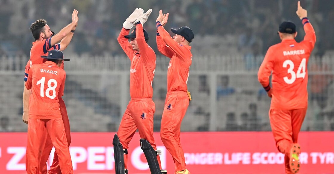 Netherlands players celebrate the dismissal of Shakib Al Hasan. Photo: IANS