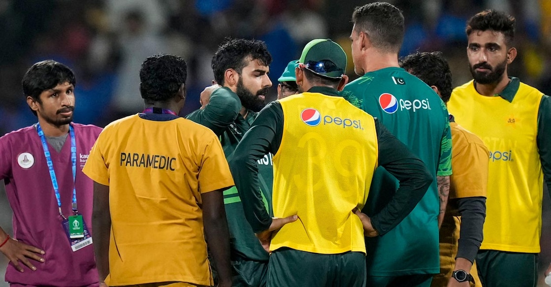 Shadab Khan Shadab Khan being attended to by the Pakistan physio. Photo: PTI/R Senthil Kumar