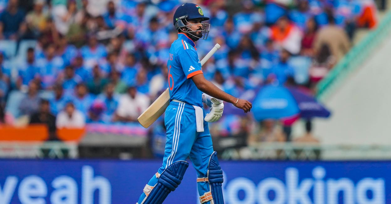 PTI10_29_2023_000207B Shreyas Iyer walks off the field. Photo: PTI/Atul Yadav