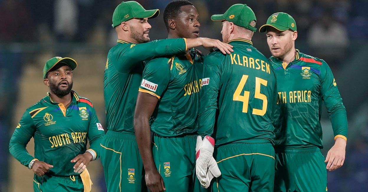 South African players celebrate the fall of of a Lankan batter. Photo: PTI/Vijay Verma