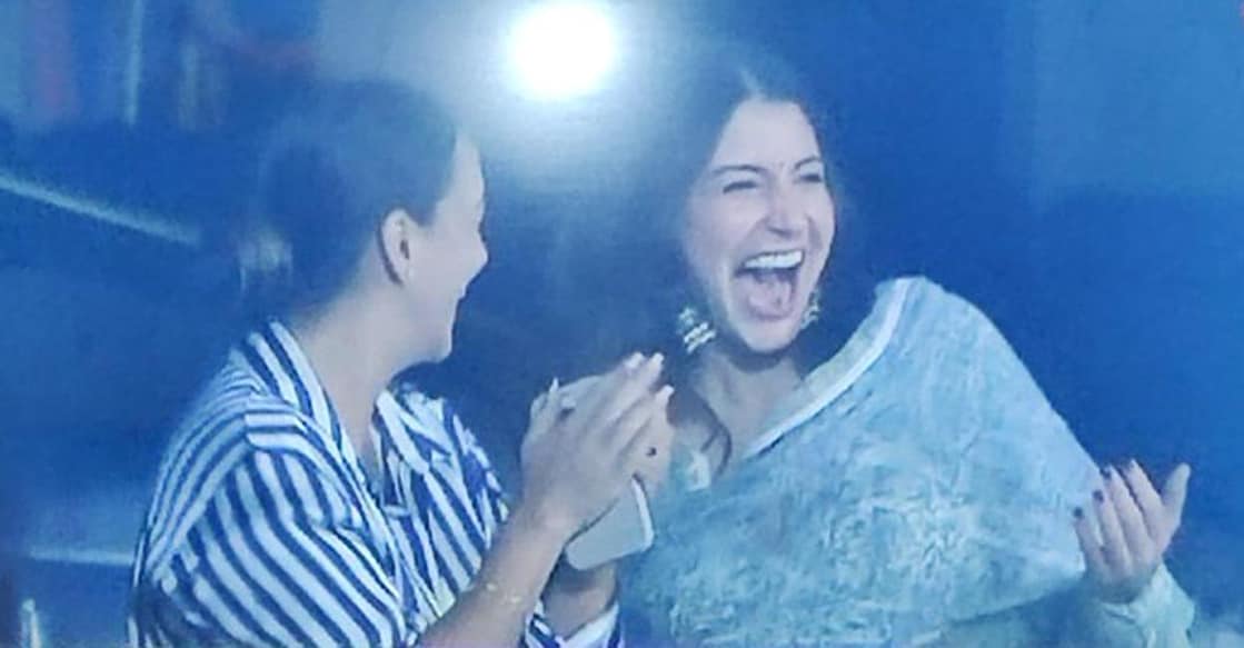 Anushka Sharma is delighted after Virat Kohli picked up his maiden World Cup wicket. Photo: Screengrab