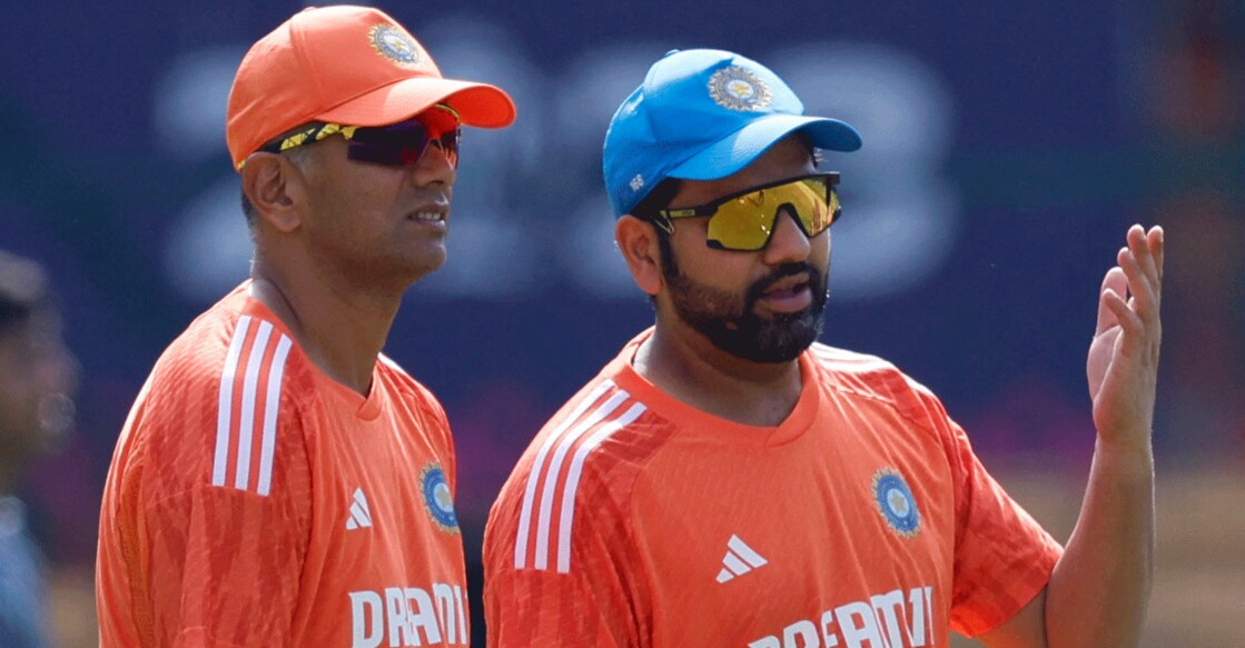 India's captain Rohit Sharma with coach Rahul Dravid during practice. Photo: Reuters/Adnan Abidi