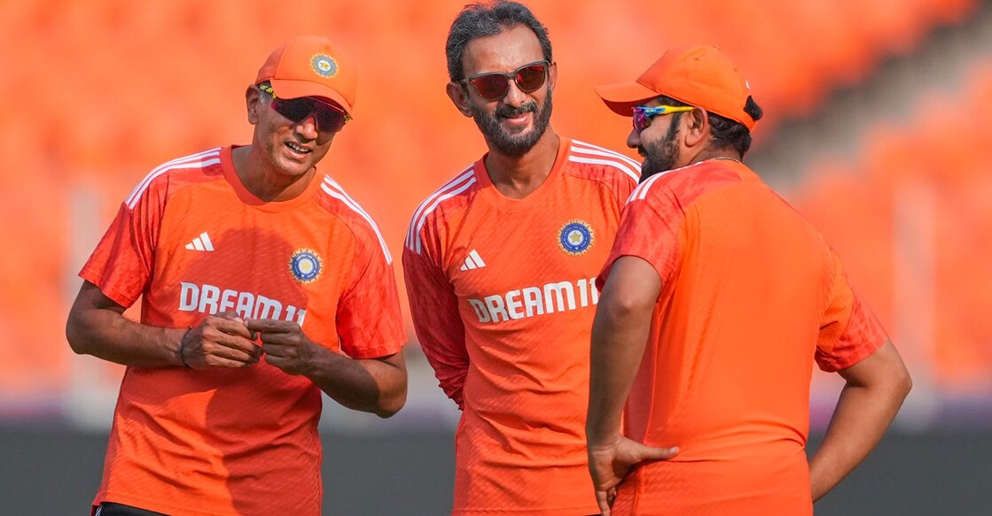 Indian head coach Rahul Dravid, batting coach Vikram Rathour and captain Rohit Sharma during a practice session on Friday. Photo: PTI/Kunal Patil