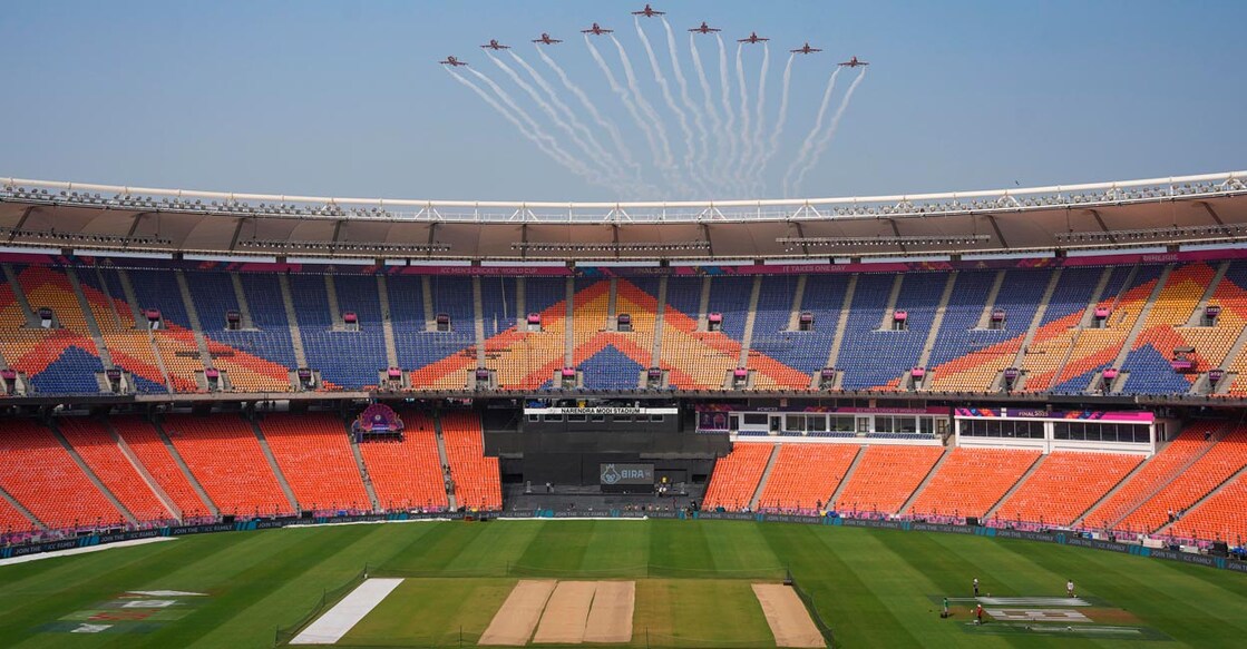 Indian Air Force's Surya Kiran Aerobatic Team flies over the Narendra Modi Stadium in Ahmedabad during rehearsal ahead of the final. Photo: PTI/Ravi Choudhary