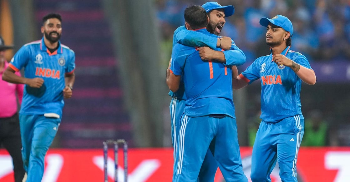 Indian players celebrate a Kiwi wicket in the first semifinal. File photo: PTI/Kunal Patil