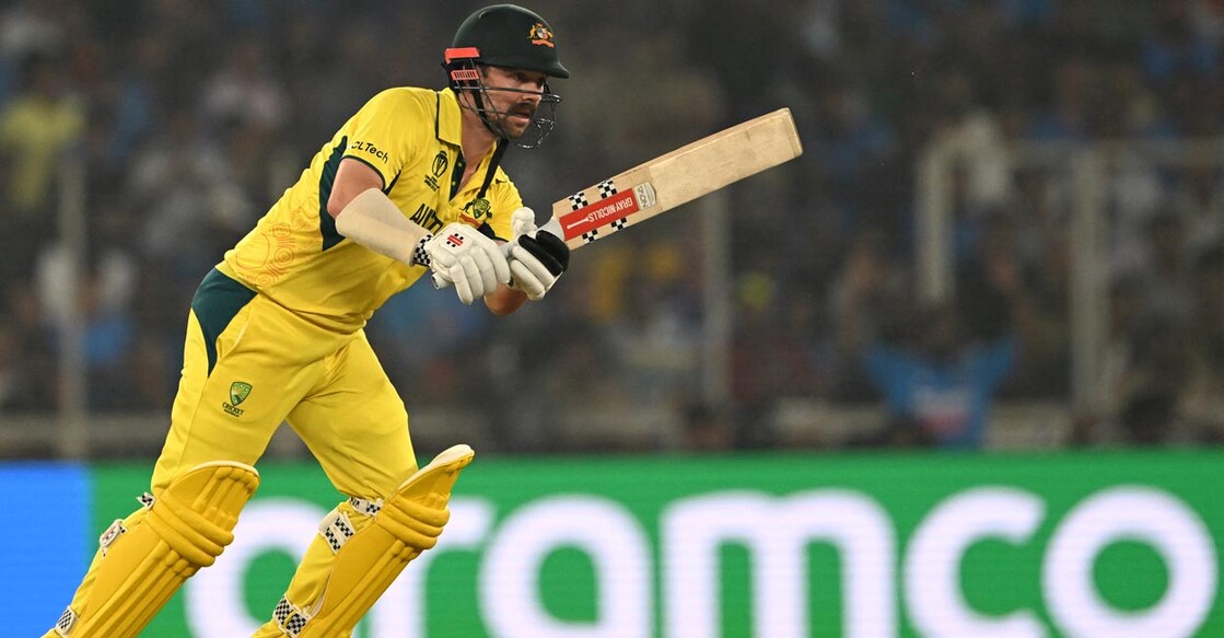 Travis Head in action in the final. Photo: AFP/Punit Paranjpe