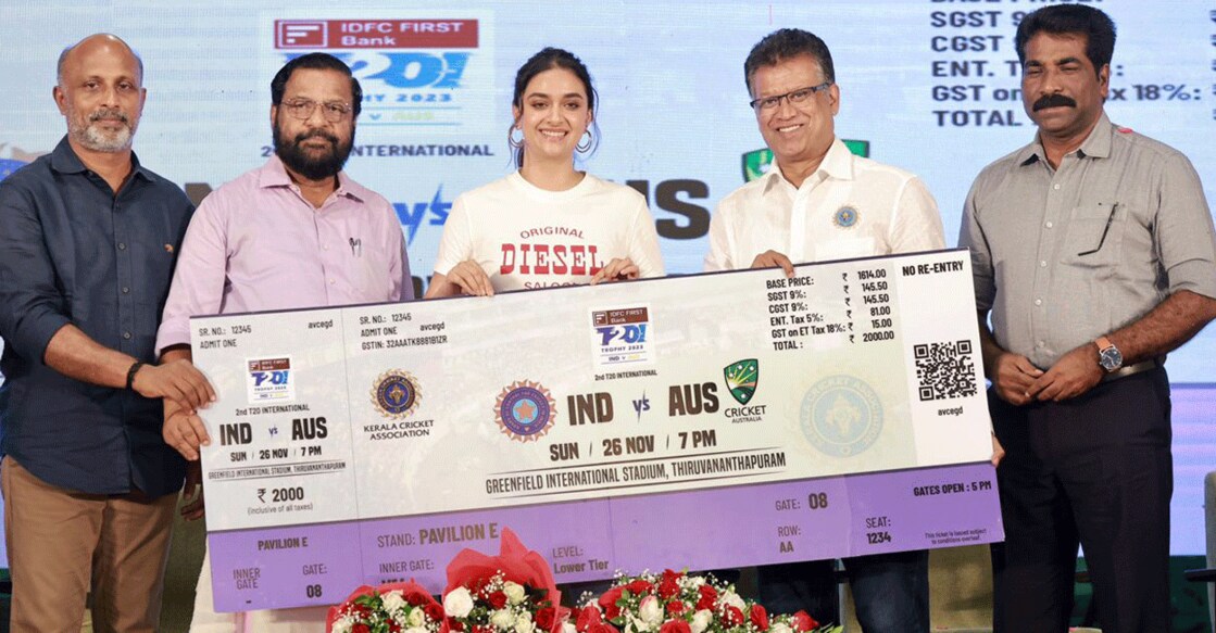 Actor Keerthy Suresh inaugurates the sale of tickets for the November 26 T20I between India and Australia at the Sports Hub in Thiruvananthapuram on Tuesday. Photo: Special arrangement