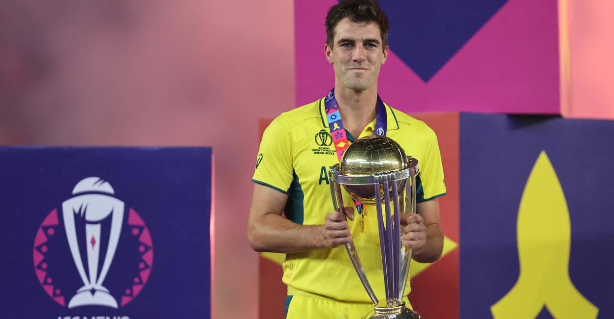Pat Cummins Australian skipper Pat Cummins poses with the trophy. File photo: Reuters/Amit Dave
