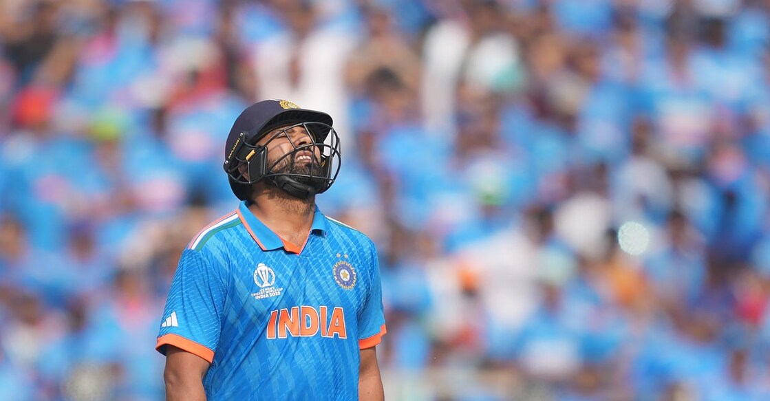 Rohit Sharma reacts after losing his wicket in the World Cup final. File photo: PTI/Ravi Choudhary 