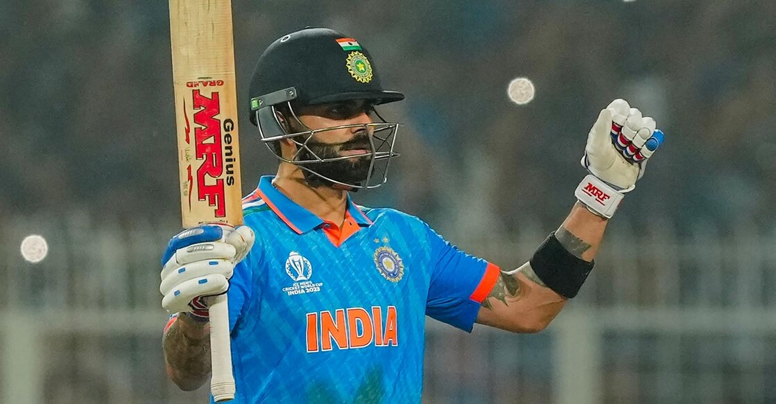 Virat Kohli reacts after scoring his 49th ODI ton. Photo: PTI/Swapan Mahapatra