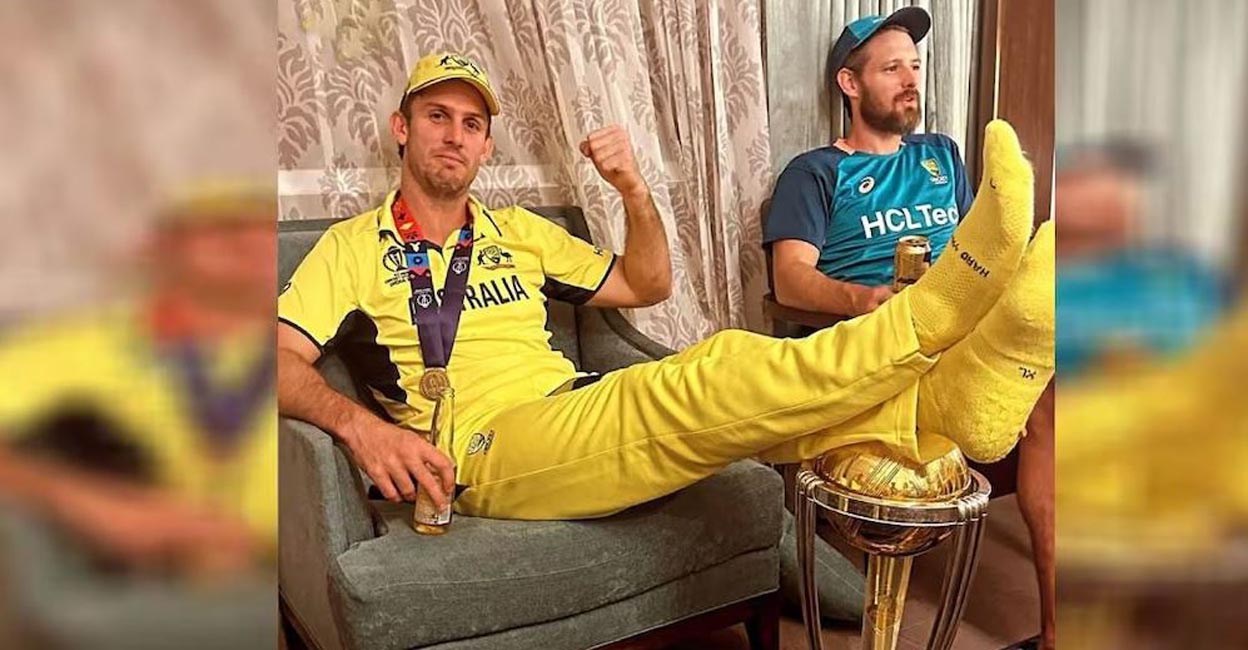 Mitchell Marsh defends resting feet on World Cup trophy
