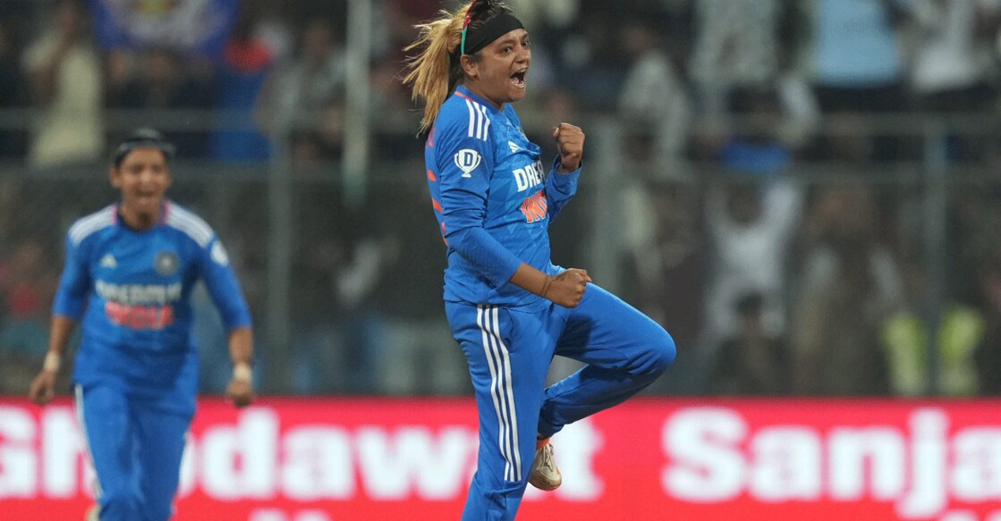 India's Saika Ishaque celebrates the wicket of England's Danielle Gibson during the 3rd T20I cricket match at Wankhede Stadium in Mumbai on Sunday. Photo: PTI