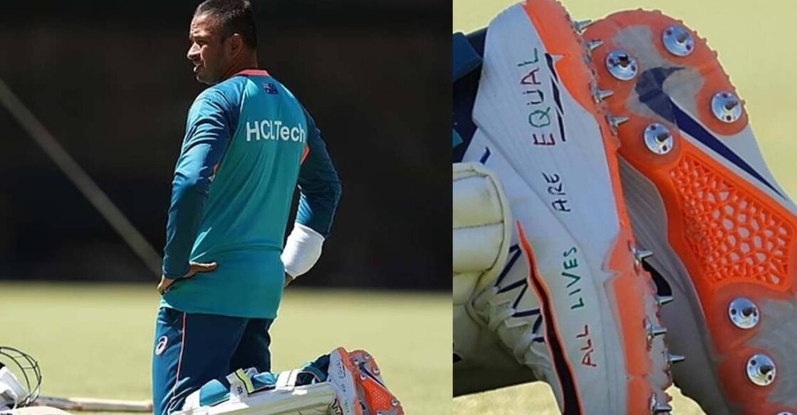Batter Khawaja had the messages "Freedom is a human right" and "All lives are equal" written on his boots in the colours of the Palestinian flag. Photo: X