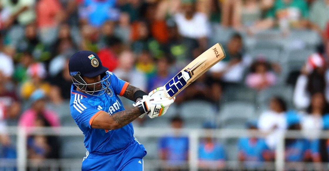 India's Suryakumar Yadav hits a six. Photo: Reuters/Siphiwe Sibeko