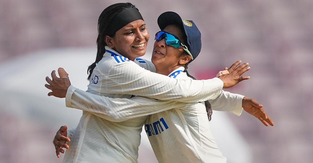 Rajeshwari Gayakwad & Jemimah Rodrigues Rajeshwari Gayakwad celebrates with teammate Jemimah Rodrigues after dismissing Sophie Ecclestone. Photo: PTI/Kunal Patil