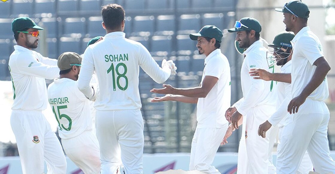 Bangladhesh players celebrate a wicket. Photo: X@BCBtigers 