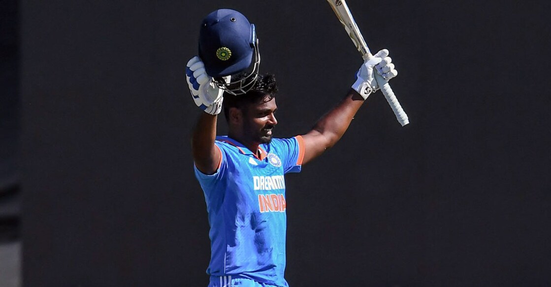 India's Sanju Samson celebrates his century against South Africa in the third ODI at Paarl on Thursday. Photo: AFP