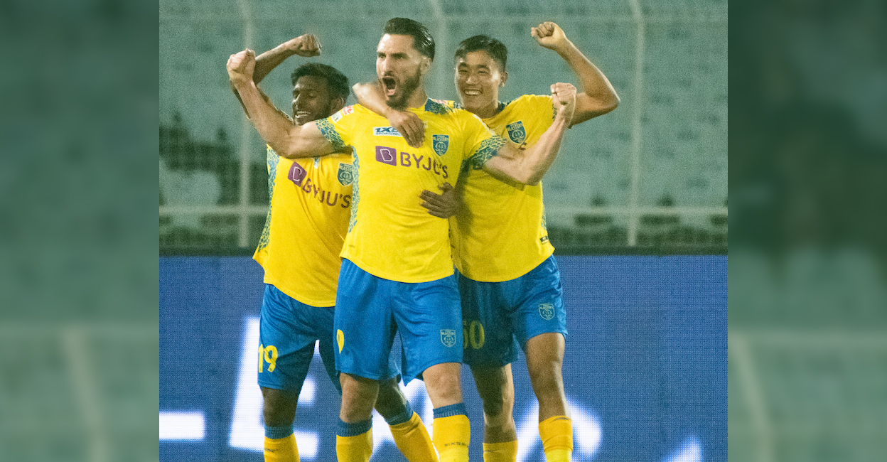 KBFC's Dimitrios Diamantakos celebrates his early goal at the Vivekananda Yuba Bharati Krirangan on Thursday. Photo: ISL