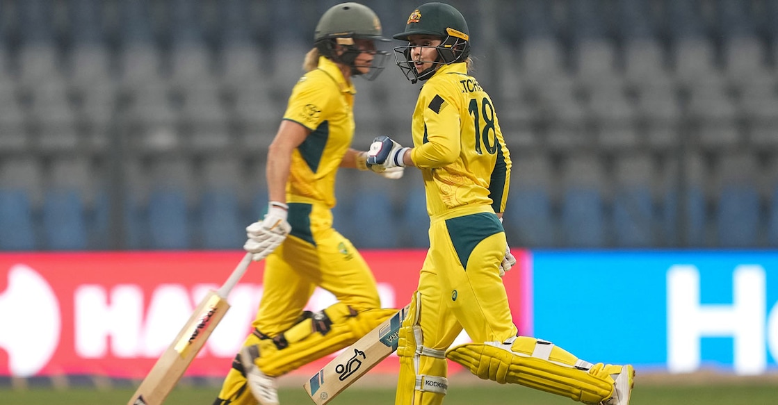 Australia's Ellyse Perry and Phoebe Litchfield run between the wickets during the first ODI against India at the Wankhede Stadium in Mumbai on Thursday. Photo: PTI