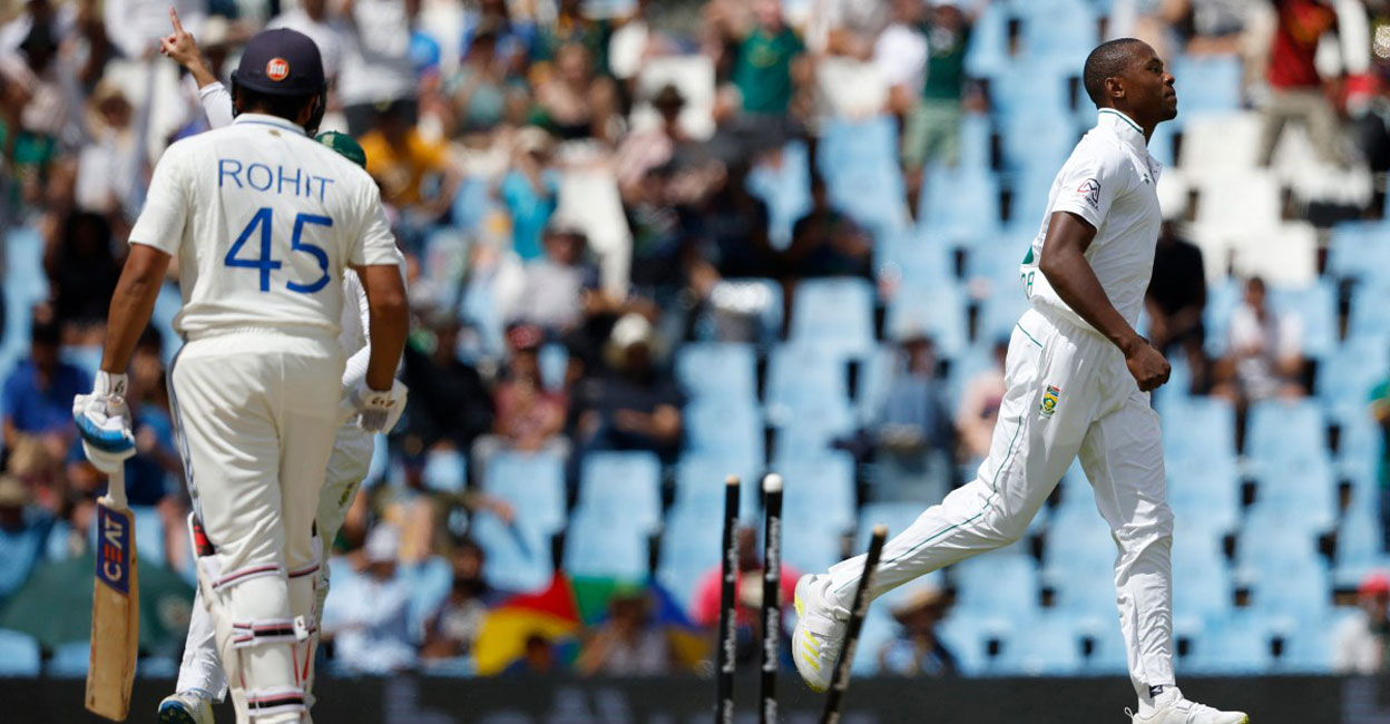 South Africa's Kagiso Rabada (right) celebrates the dismissal of India's Rohit Sharma during the third day of the first Test at SuperSport Park in Centurion on Thursday. Photo: AFP/ Phill Magakoe