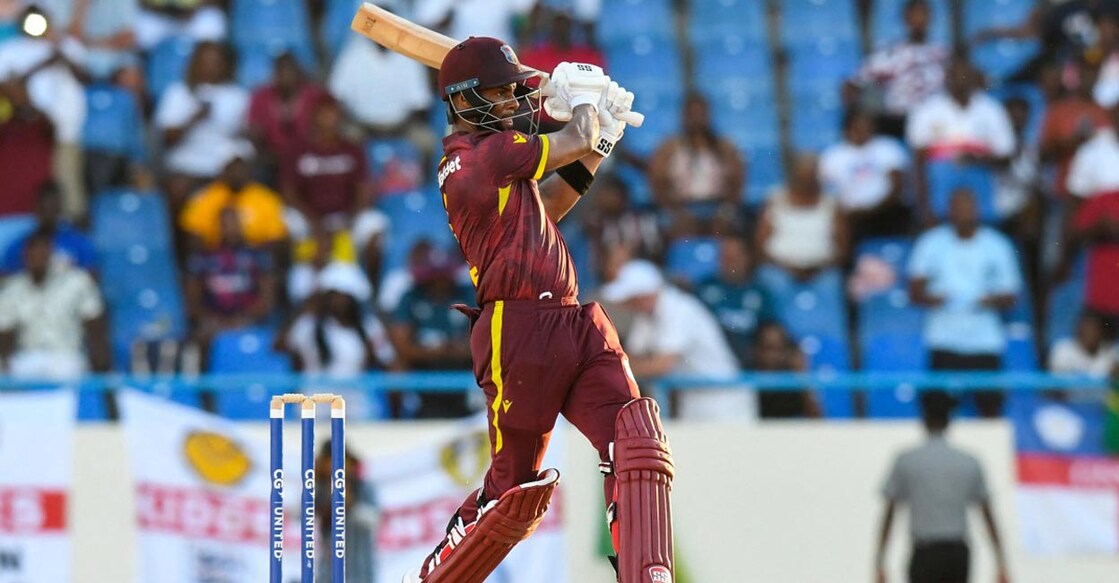Shai Hope hits the winning six against England in the first ODI. Photo: AFP/Randy Brooks 