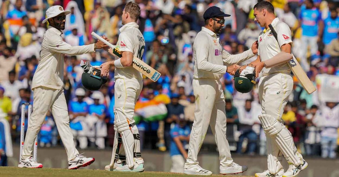 Ravindra Jadeja, left, and Rohit Sharma shake hands with Steve Smith and Scott Boland at the end of the Nagpur Test. Photo: PTI/Vijay Verma