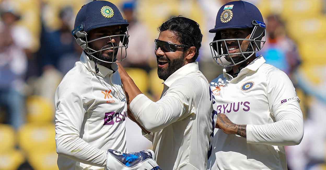 Ravindra Jadeja Ravindra Jadeja, centre, celebrates the wicket of Australian captain Pat Cummins. Photo: PTI/Vijay Verma