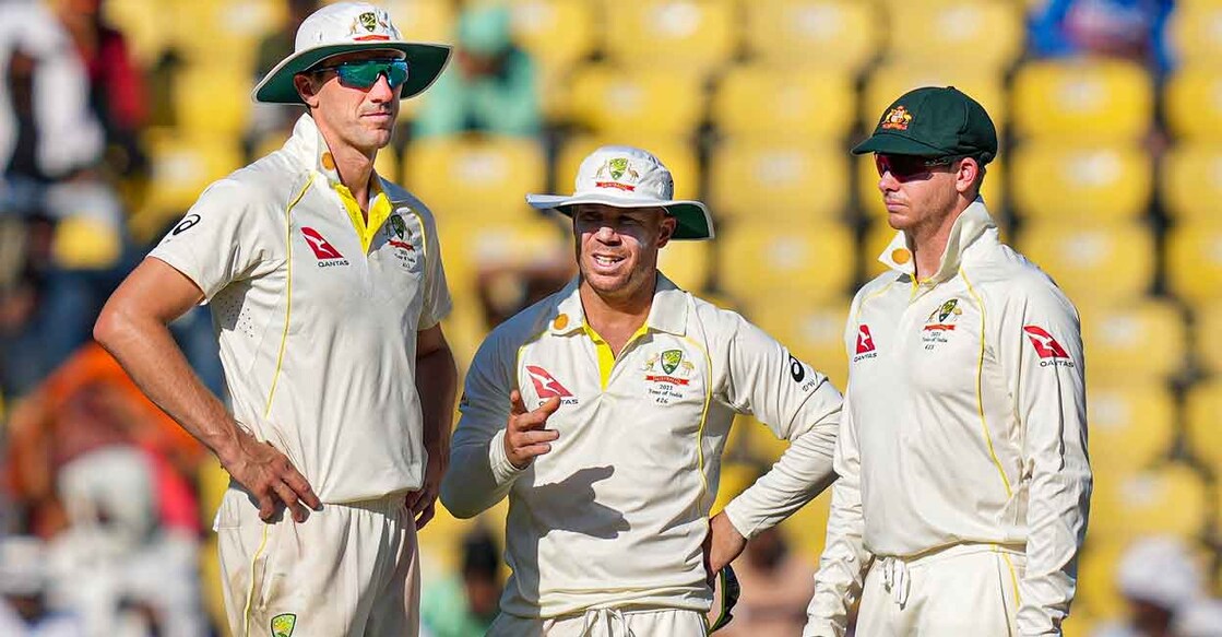 From left: Australian captain Pat Cummins with senior players David Warner and Steve Smith during the Nagpur Test. File photo: PTI/Vijay Verma